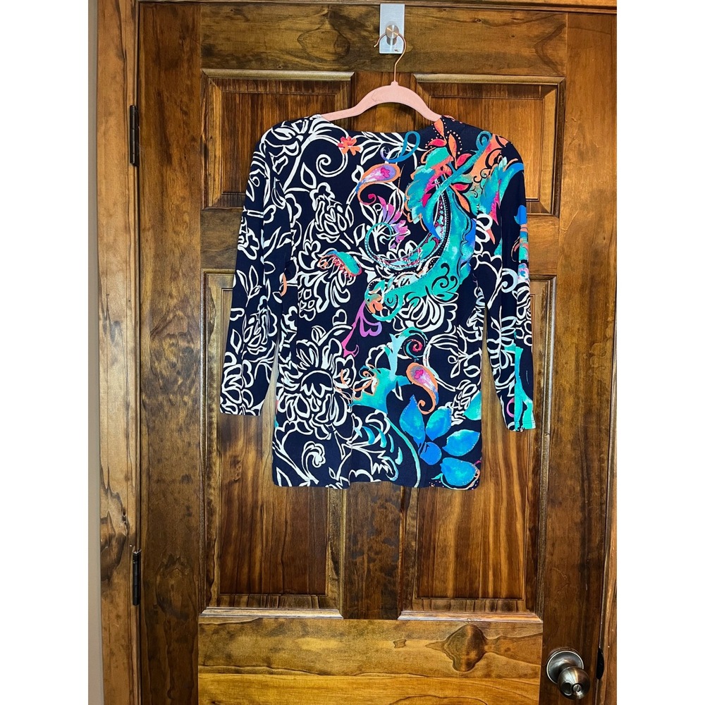 Chicos 0 US Size S Navy Blue Floral Print 3/4 Sleeve Top Shirt Women - Picture 3 of 3